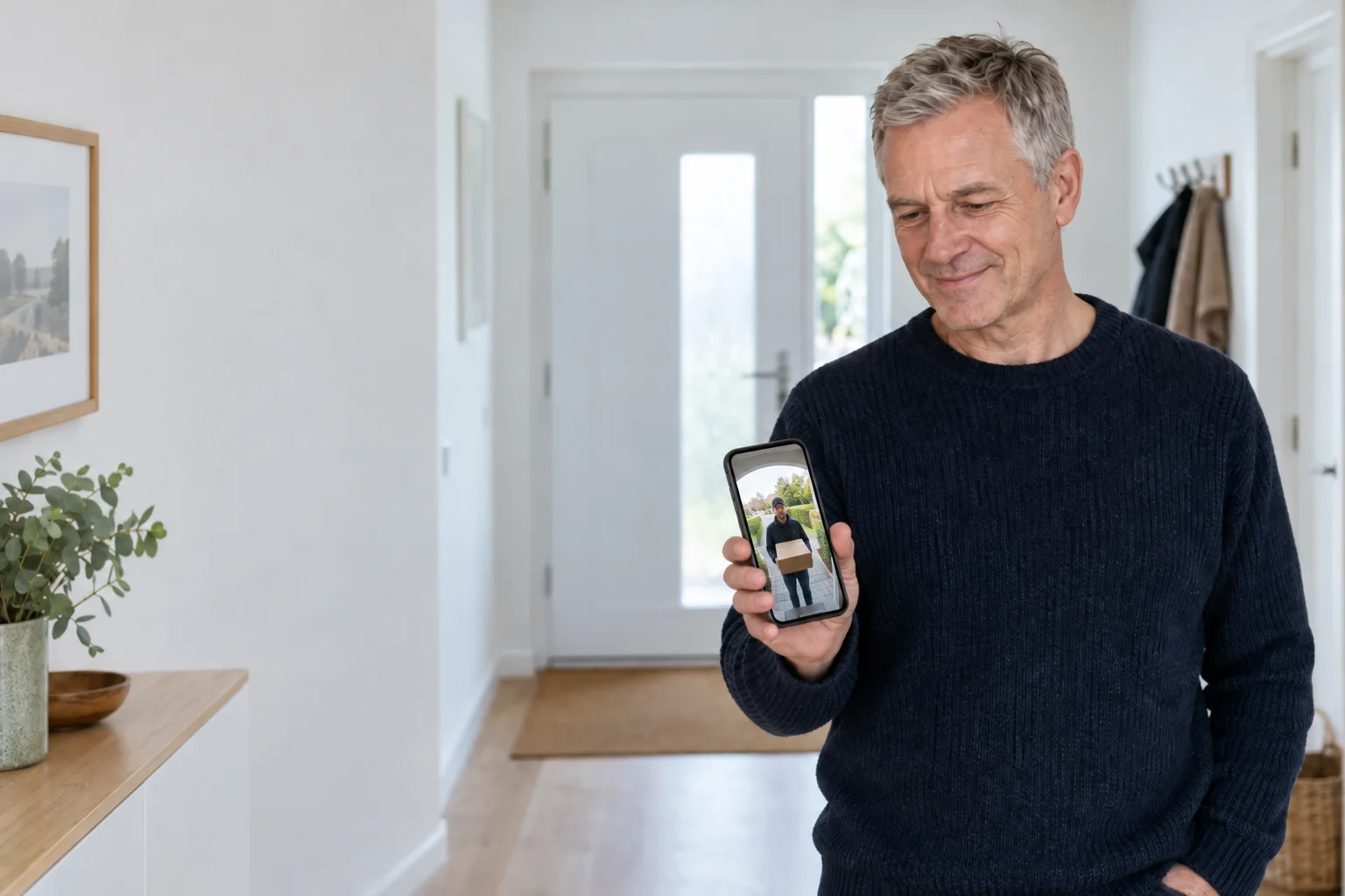 A man in his hallway answers the doorbell on his phone, where a courier with a parcel waits on the screen